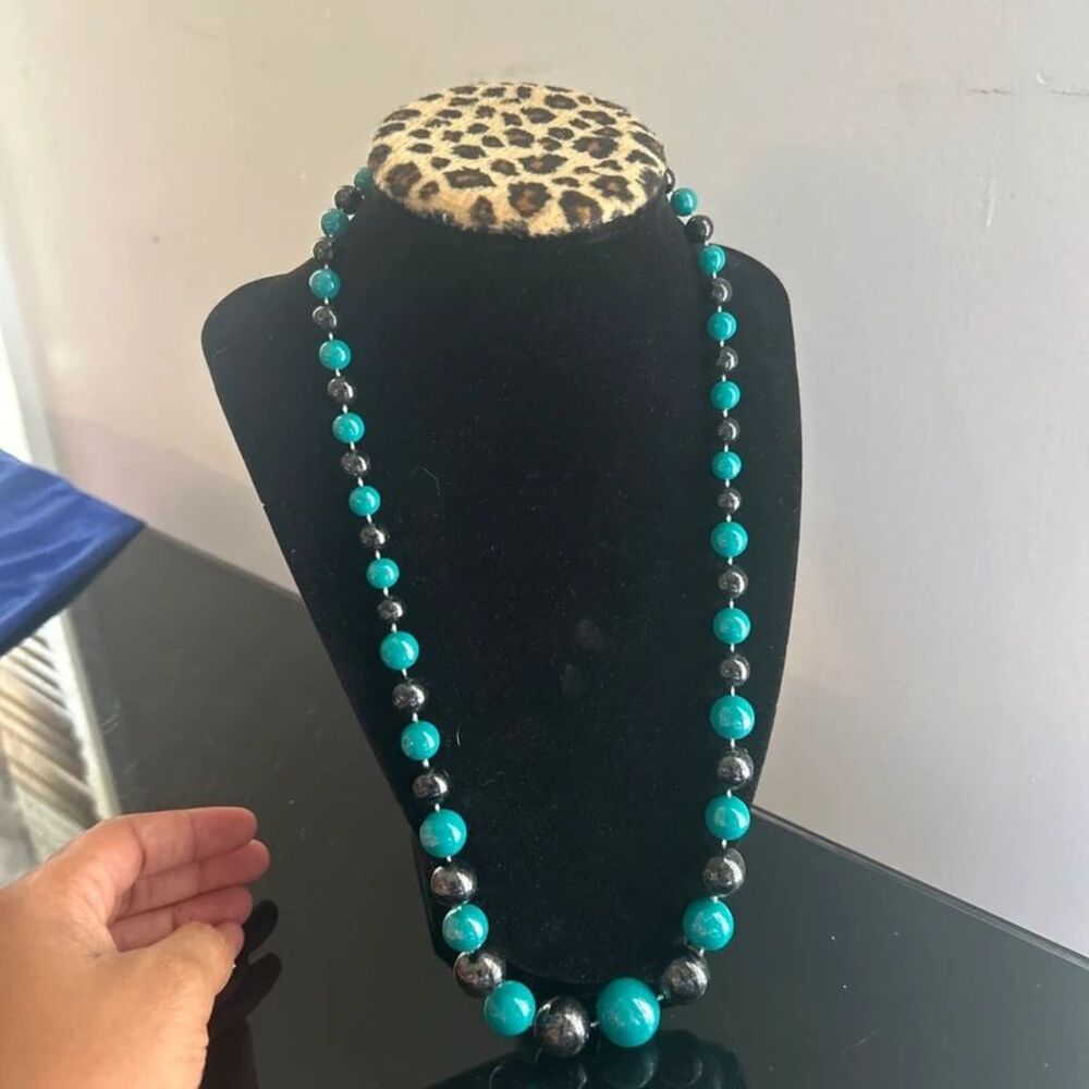 Vintage Turquoise Blue & Black Graduated Beaded Statement Necklace